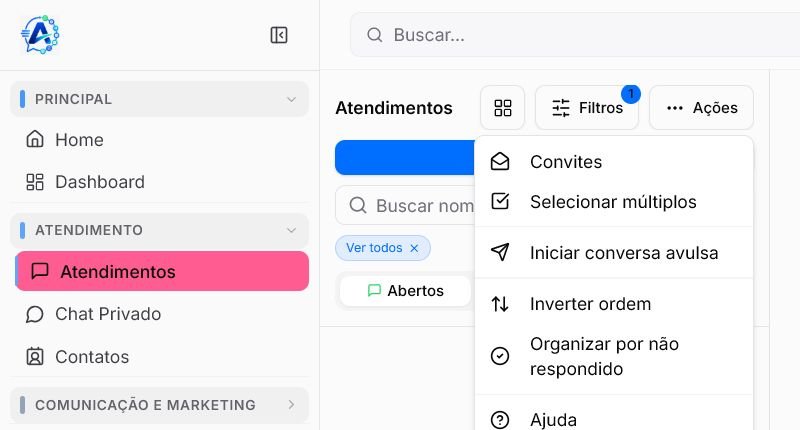 Menu Ações aberto com a opção para iniciar a seleção múltipla de atendimentos