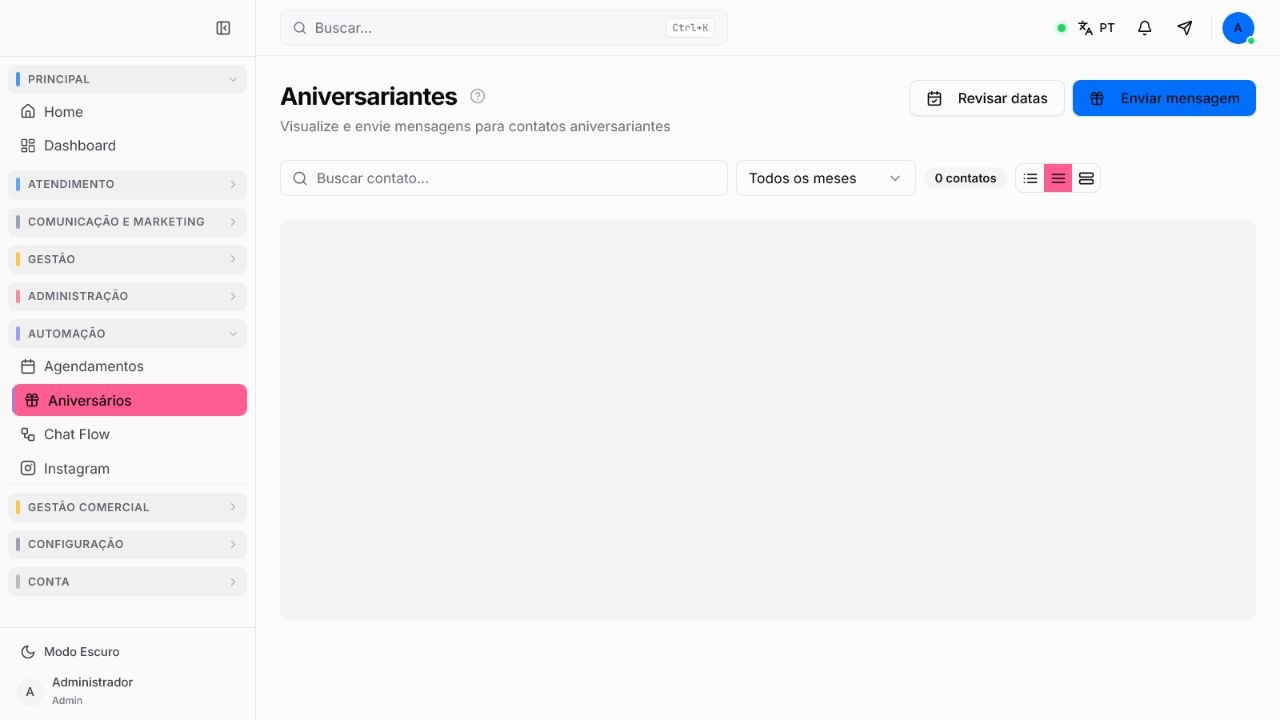 Tela de aniversariantes no Atendeu Rápido com busca, filtro por mês e ações de revisão e envio