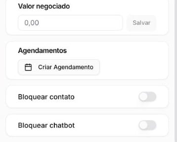 Fim da aba Gestão com as chaves Bloquear contato e Bloquear chatbot