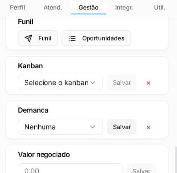 Aba Gestão com Funil, Oportunidades, Kanban, Demanda e Valor negociado