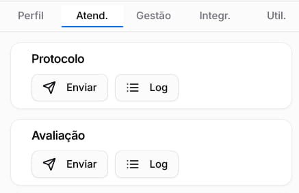 Aba Atend. com os cartões Protocolo e Avaliação e seus botões Enviar e Log