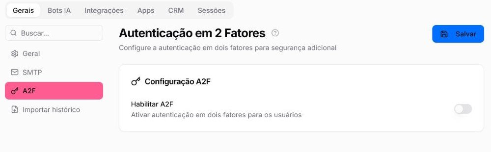 Configuração A2F com a opção Habilitar A2F e o botão Salvar