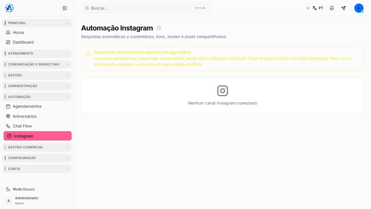 Tela de automação do Instagram no Atendeu Rápido com aviso sobre aplicativo próprio e nenhuma conta conectada
