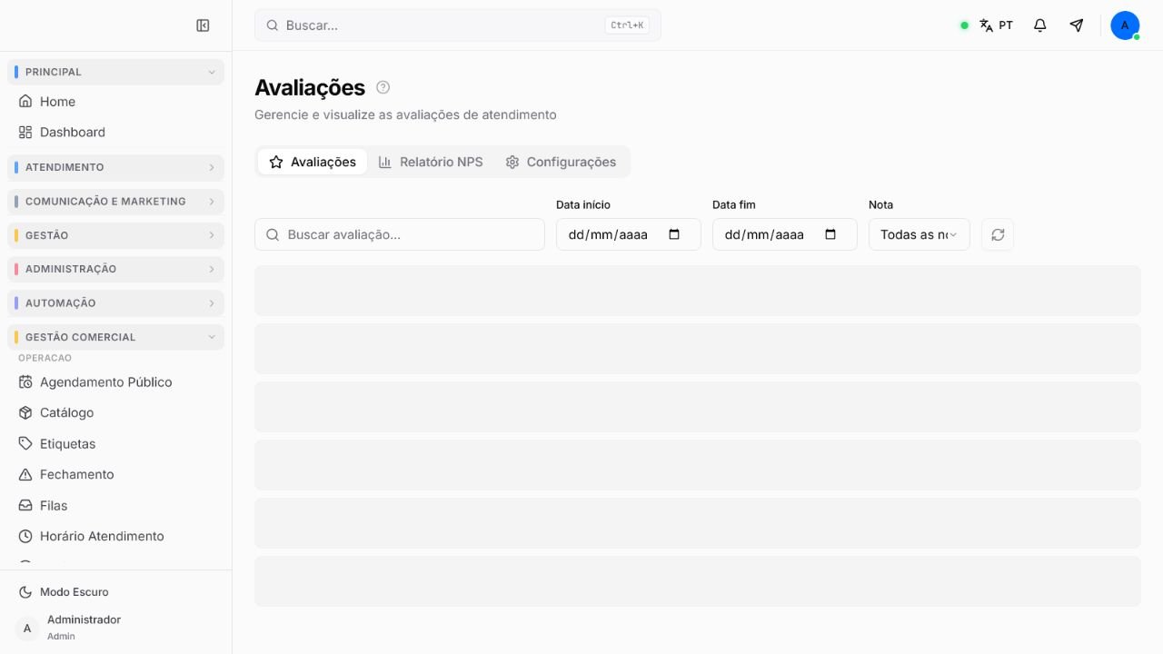 Área de Avaliações com abas Avaliações, Relatório NPS e Configurações e filtros de período e nota