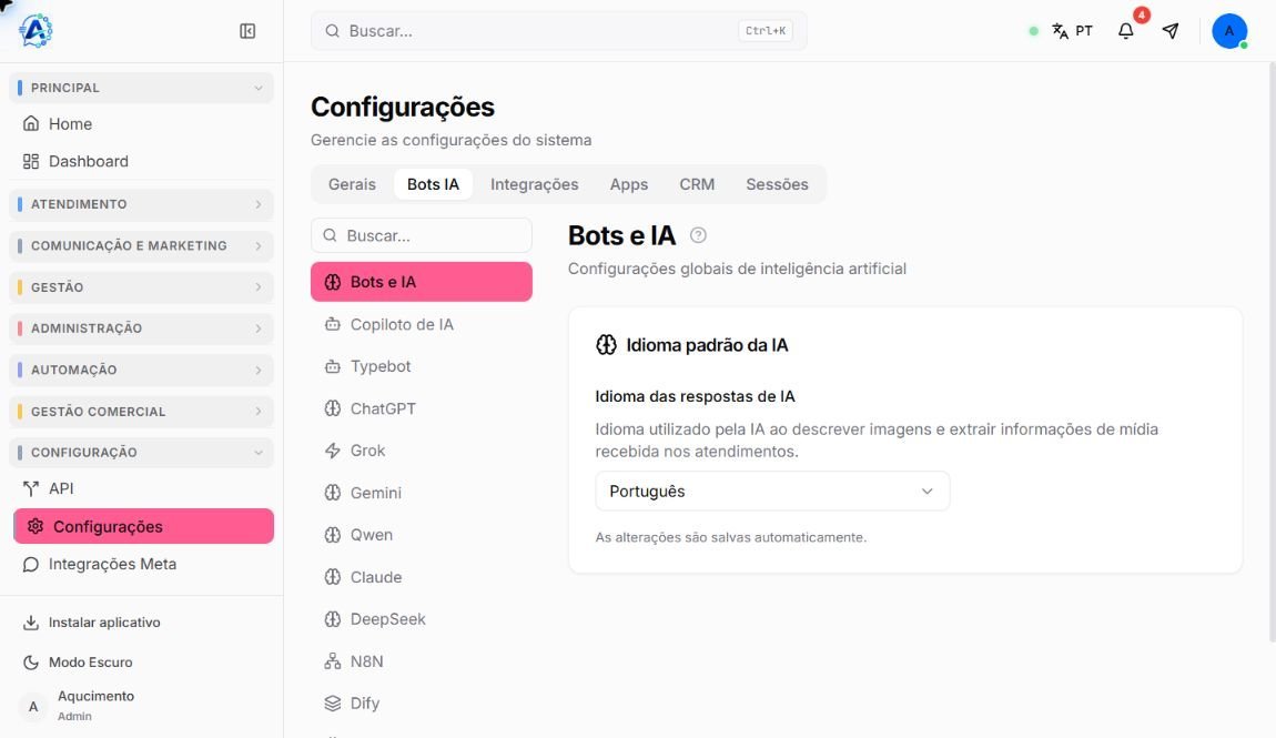 Visão geral de Bots e IA no Atendeu Rápido com menu de provedores e idioma padrão