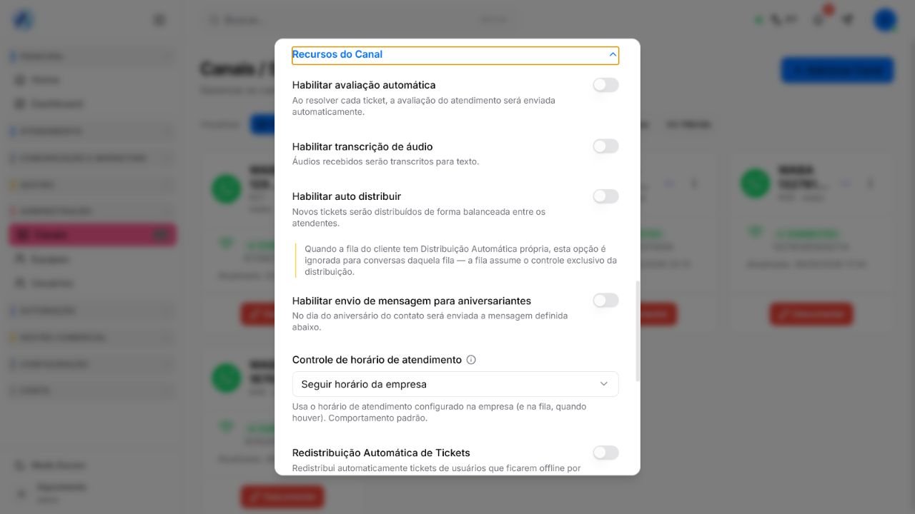 Recursos do canal com o controle Habilitar auto distribuir e a redistribuição automática de tickets
