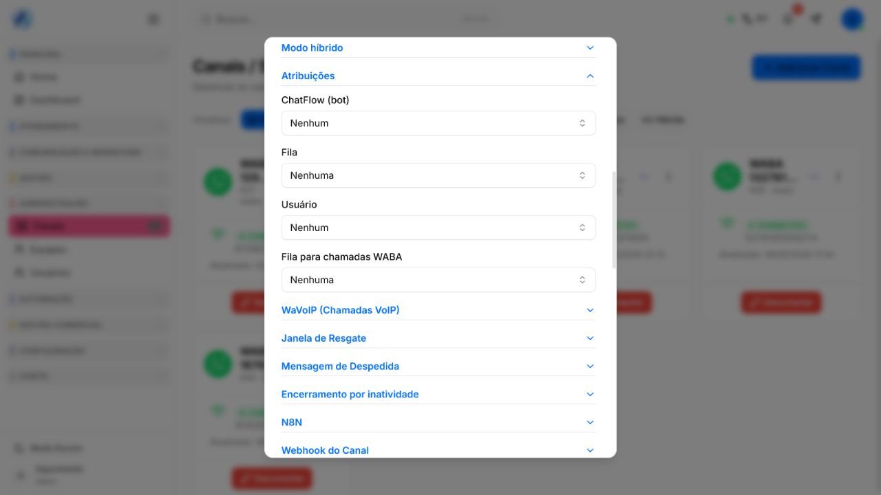 Atribuições do canal com seletores de ChatFlow, fila, usuário e fila para chamadas WABA