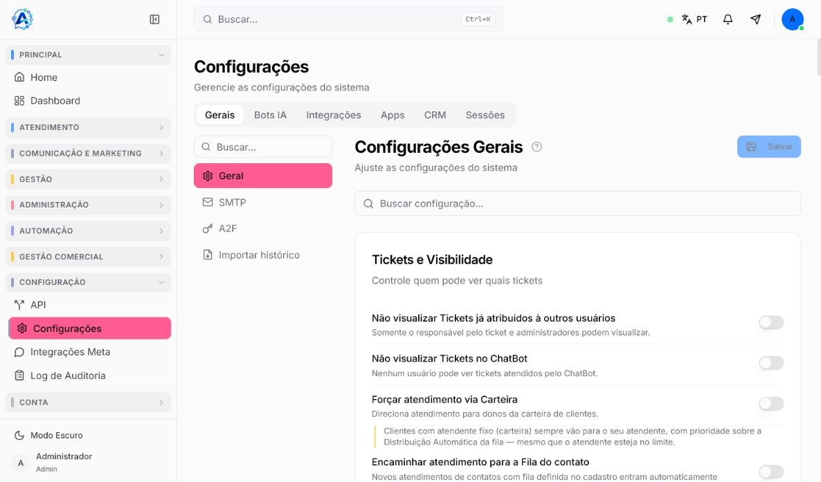 Central de Configurações do Atendeu Rápido com abas e busca lateral