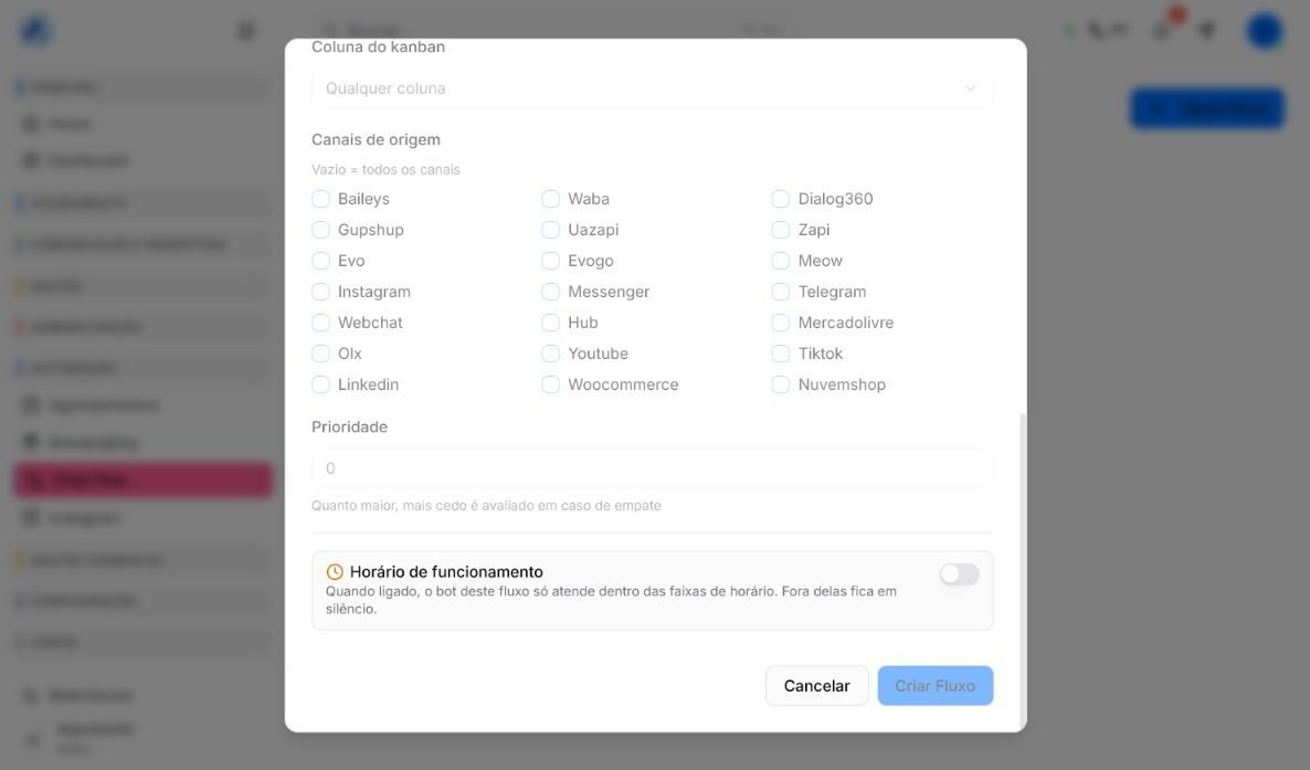 Configuração do Chat Flow com canais de origem, prioridade e horário de funcionamento