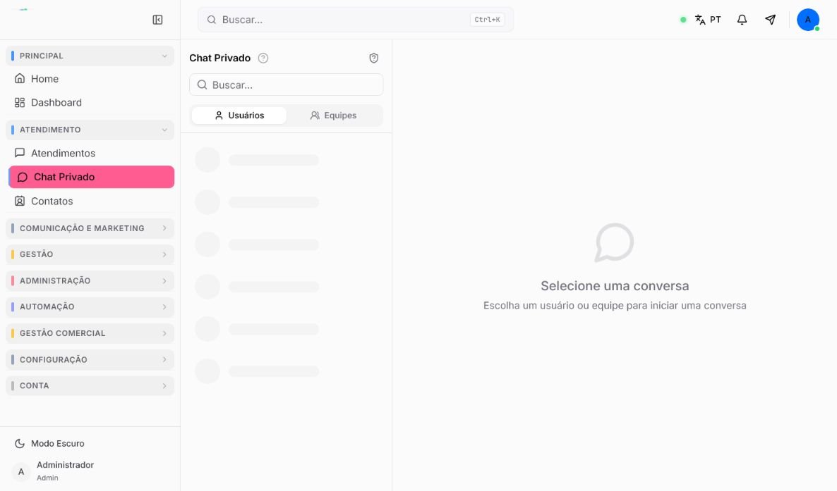 Tela do Chat Privado do Atendeu Rápido com busca e abas Usuários e Equipes