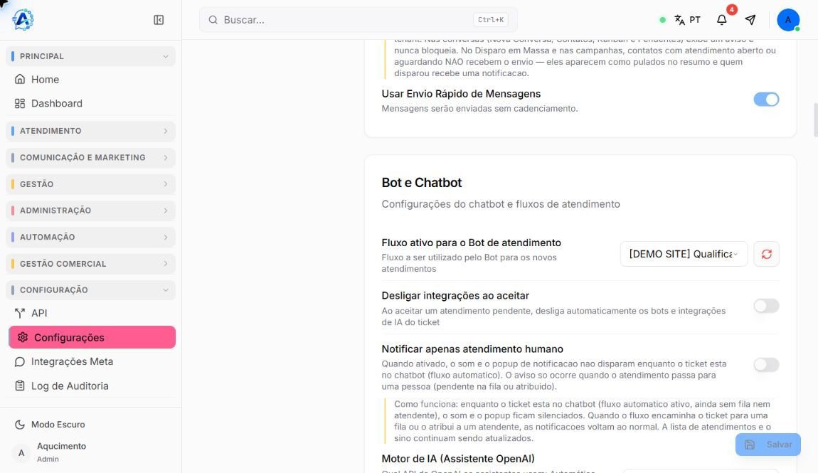 Configurações gerais de Bot e Chatbot no Atendeu Rápido