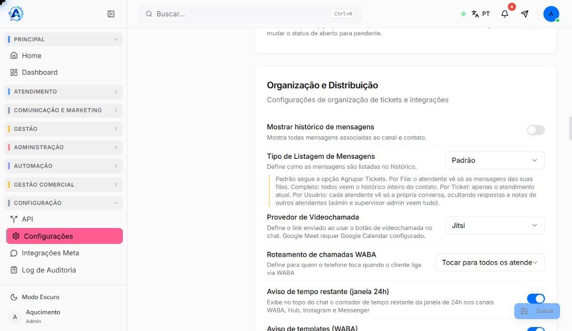Configurações gerais de organização e distribuição