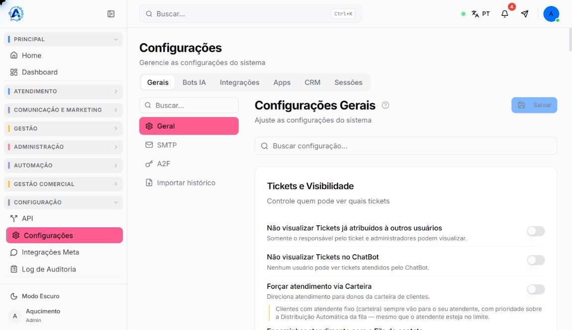 Configurações gerais de Tickets e Visibilidade no Atendeu Rápido