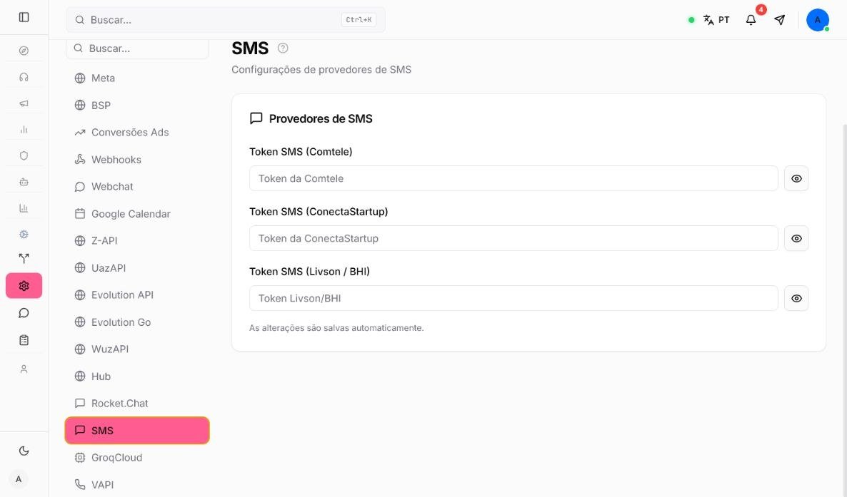Tela de configurações de provedores de SMS do Atendeu Rápido com três campos de token
