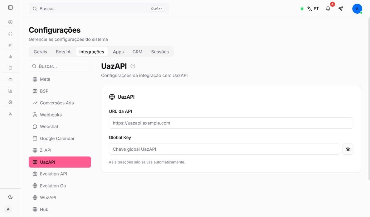 Configuração da integração UazAPI com URL da API e Global Key