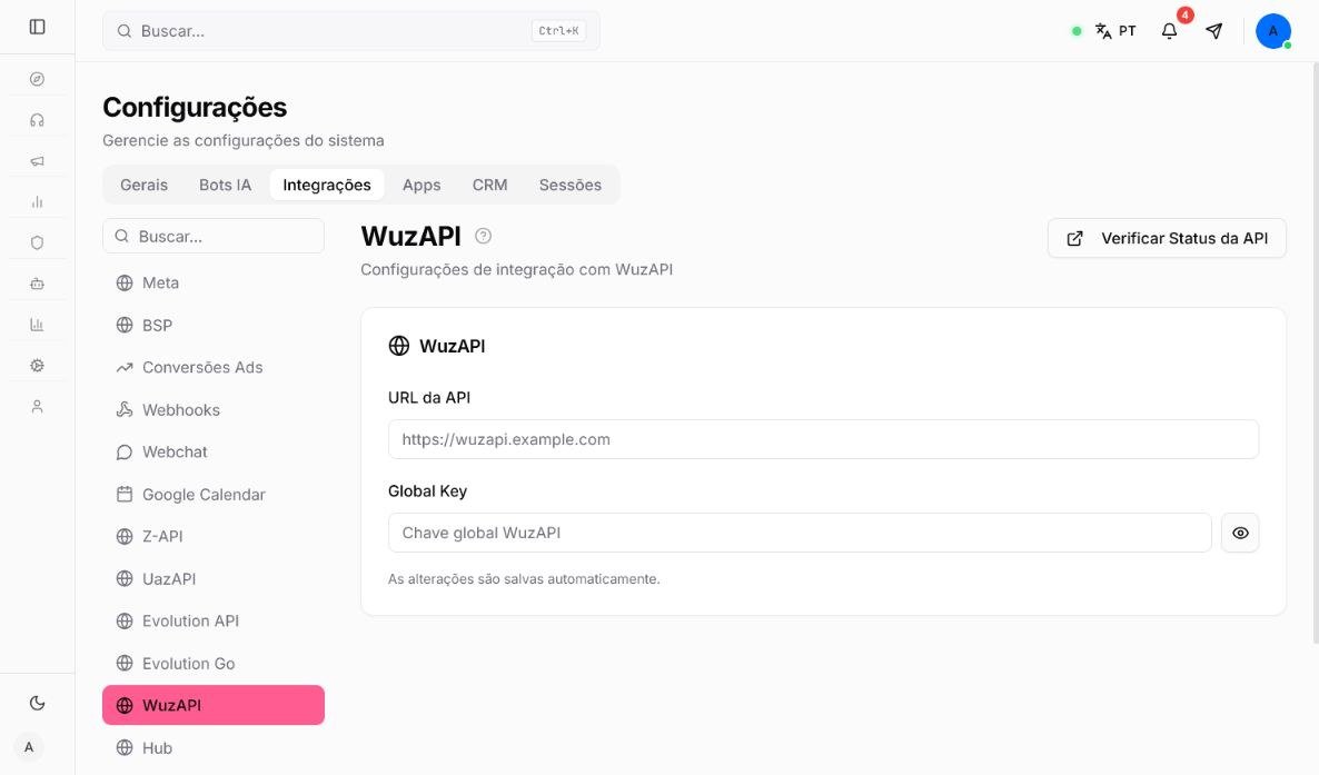 Configuração da integração WuzAPI com URL da API, Global Key e salvamento automático