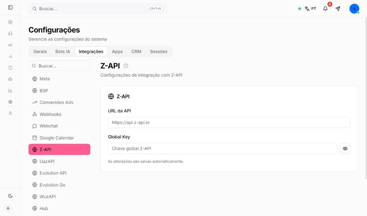 Configuração da integração Z-API com URL da API e Global Key