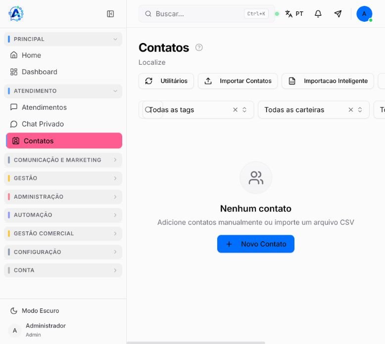 Tela de Contatos do Atendeu Rápido com ações de importação e filtros de organização