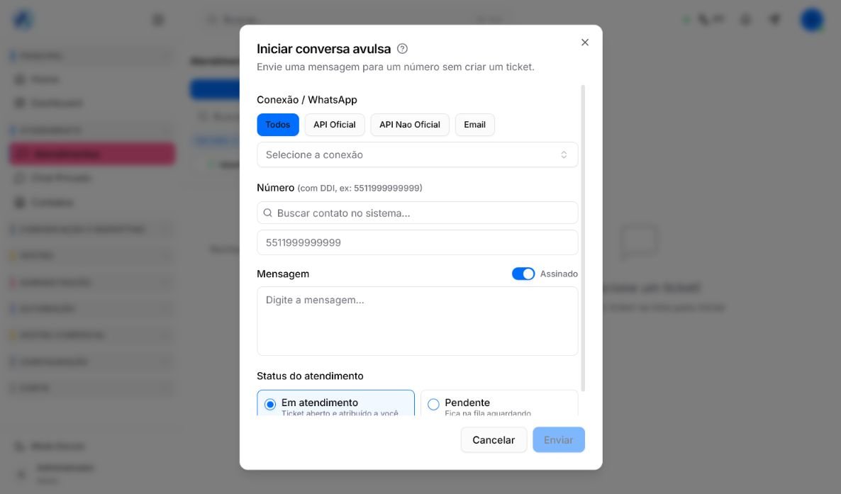 Modal Iniciar conversa avulsa no Atendeu Rápido com filtros de conexão e campos do envio