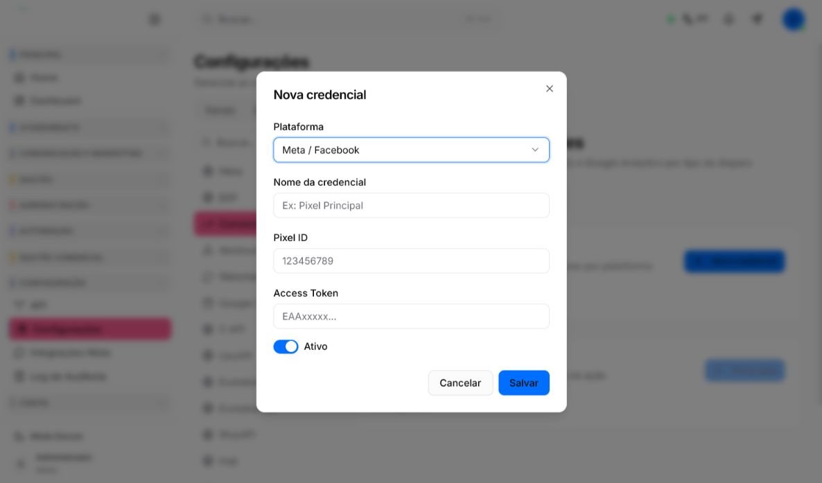 Janela Nova credencial de conversão no Atendeu Rápido com plataforma, nome, identificador e token