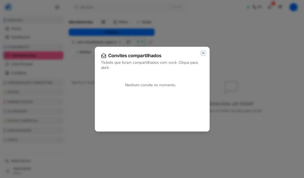 Janela Convites compartilhados no Atendeu Rápido sem convites disponíveis