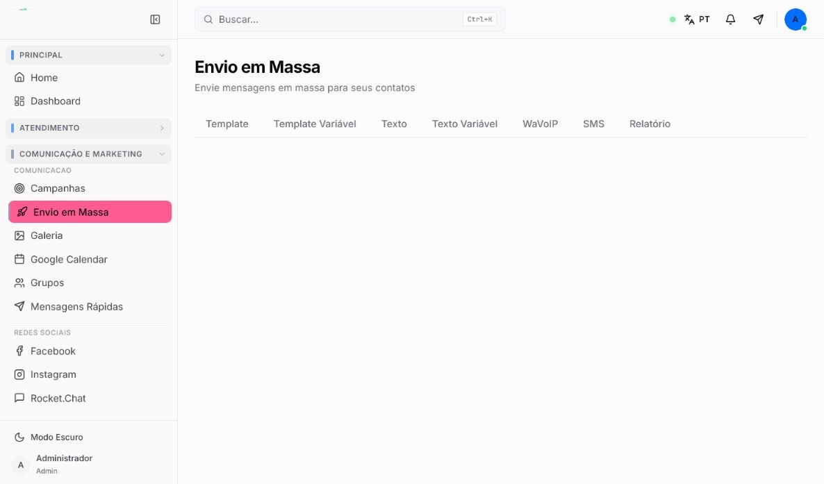 Tela de Envio em Massa do Atendeu Rápido com as modalidades disponíveis