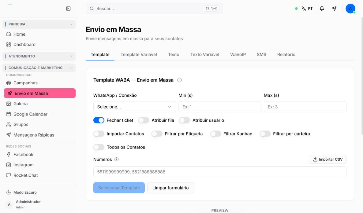 Configuração de envio em massa por template oficial no Atendeu Rápido