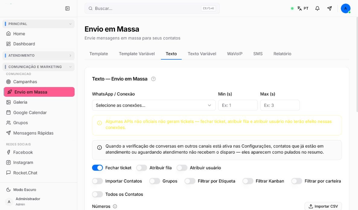 Tela de envio de texto em massa do Atendeu Rápido
