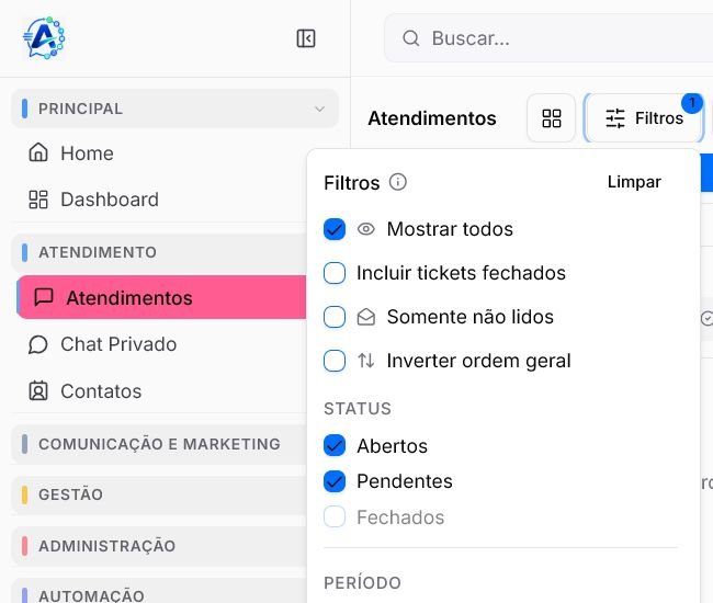 Painel de filtros da lista de atendimentos