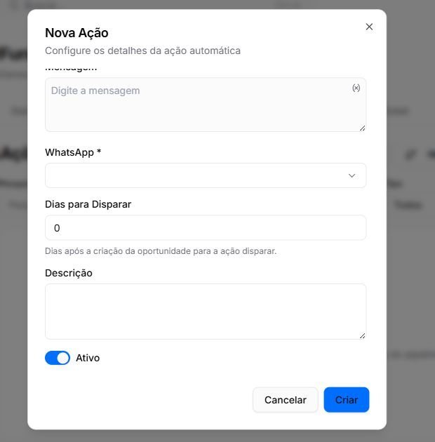 Parte inferior do formulário Nova Ação com WhatsApp, Dias para Disparar, Descrição e controle Ativo
