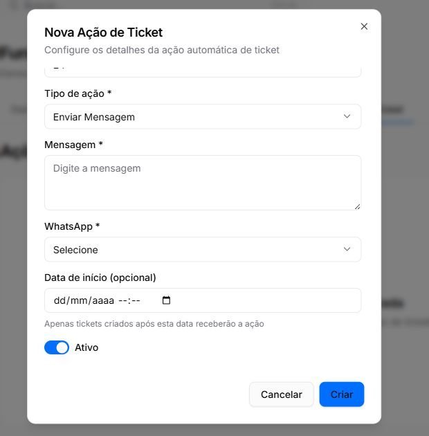Parte inferior do formulário de ação de ticket com WhatsApp, Data de início e controle Ativo