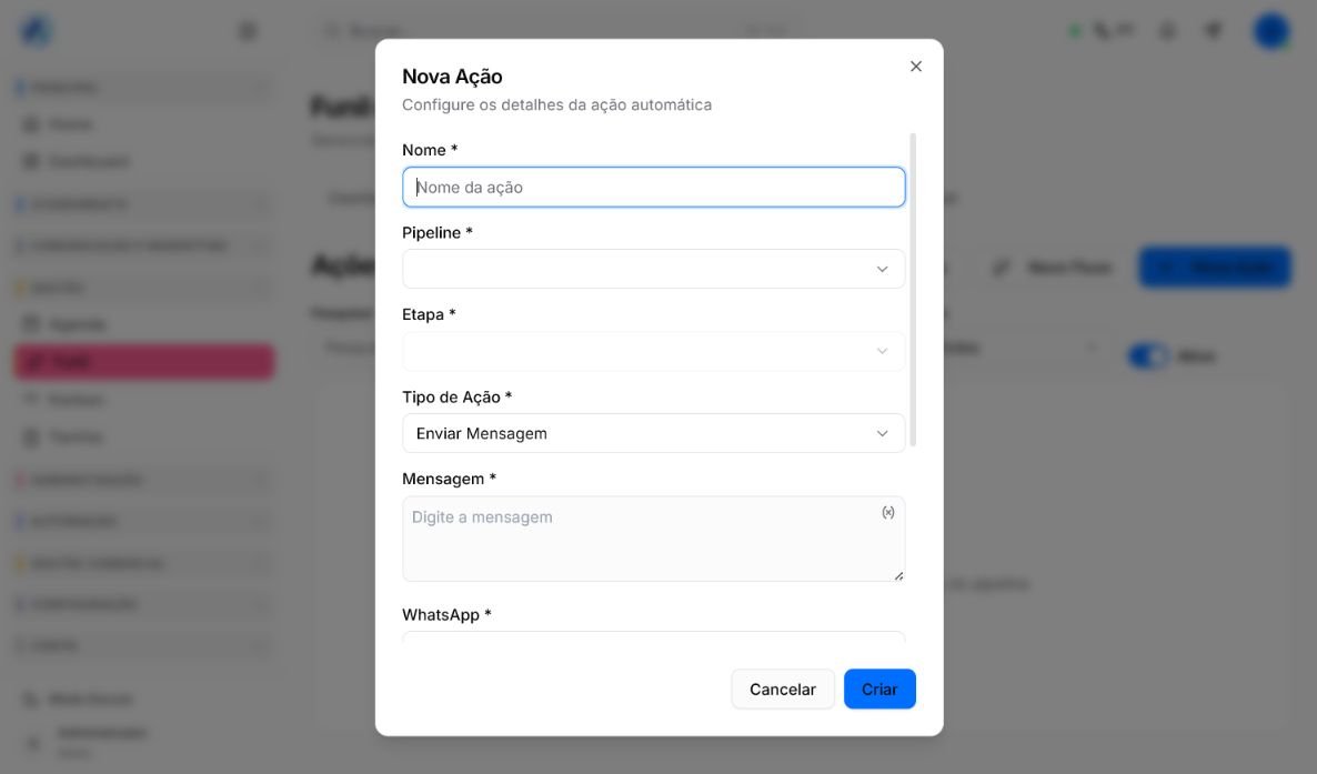 Formulário de ação do Pipeline com nome, pipeline, etapa, tipo, mensagem, WhatsApp, prazo, descrição e estado ativo
