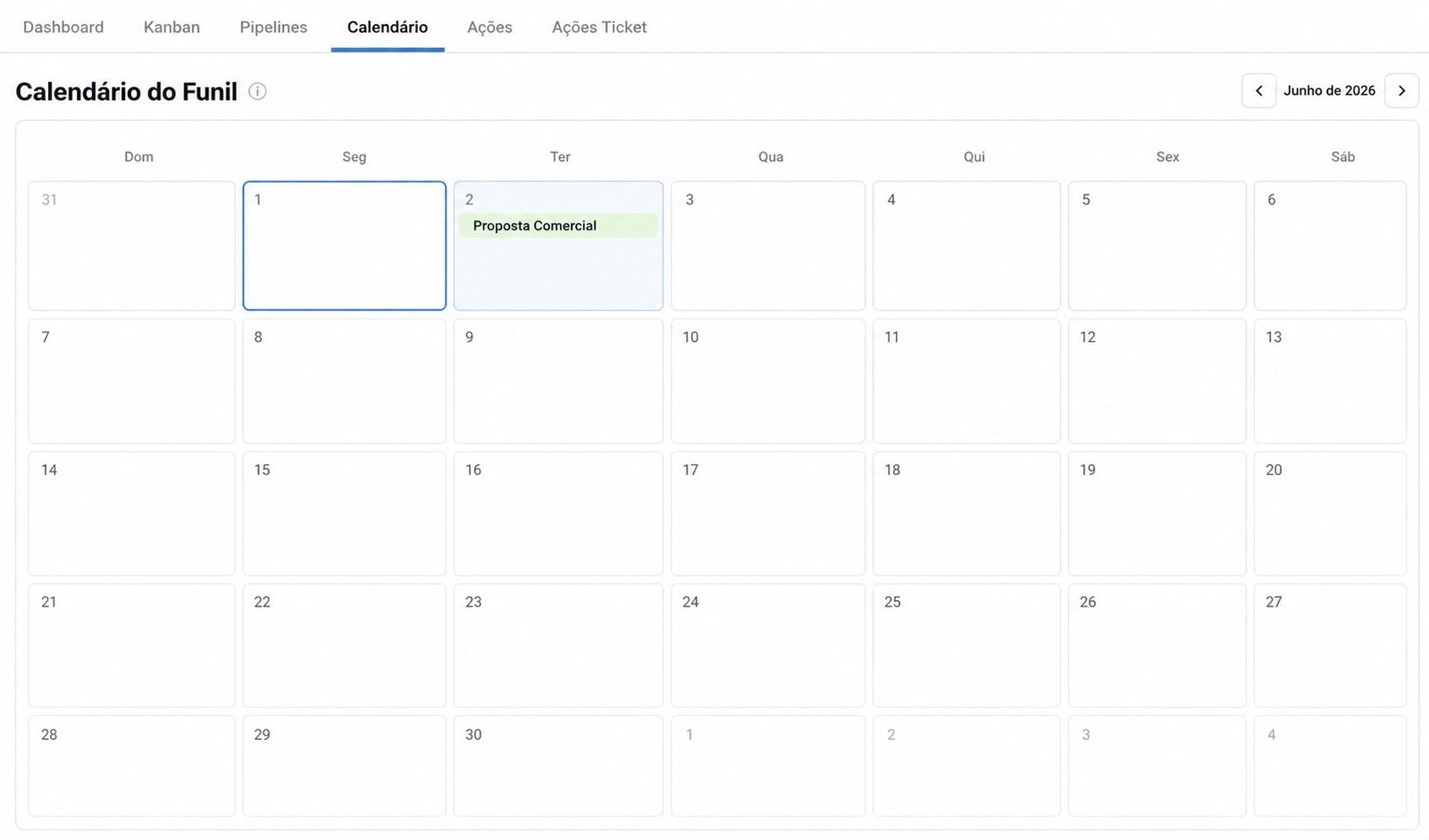 Calendário do Funil com navegação mensal e oportunidade posicionada na data prevista