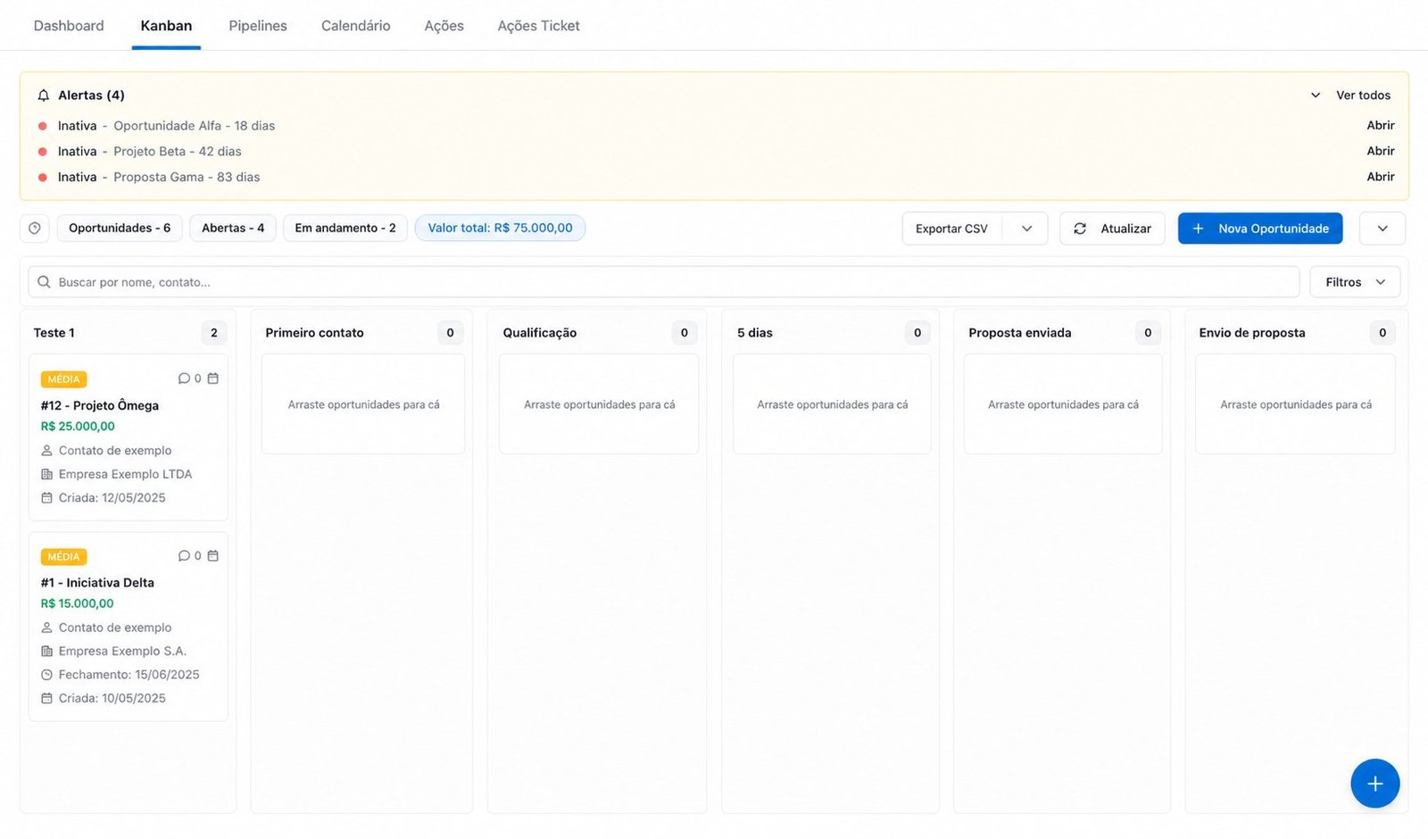 Kanban do Funil com alertas, indicadores, filtros, botão Nova Oportunidade e colunas do pipeline