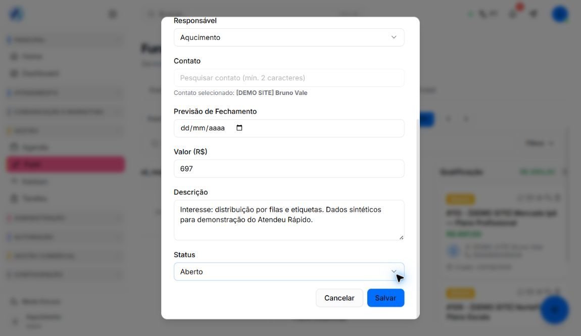Parte inferior da edição de uma oportunidade demonstrativa com valor, descrição, status e botão Salvar