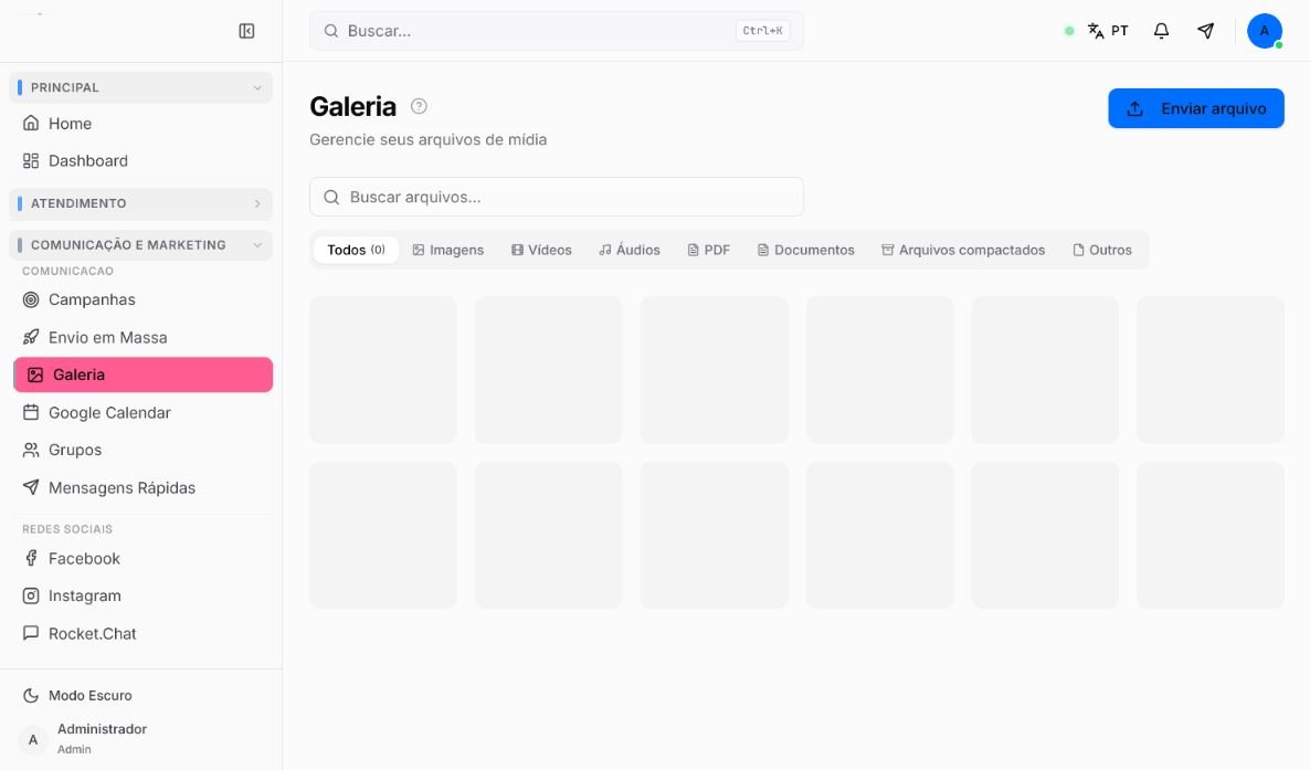 Galeria de mídias do Atendeu Rápido com filtros por tipo de arquivo
