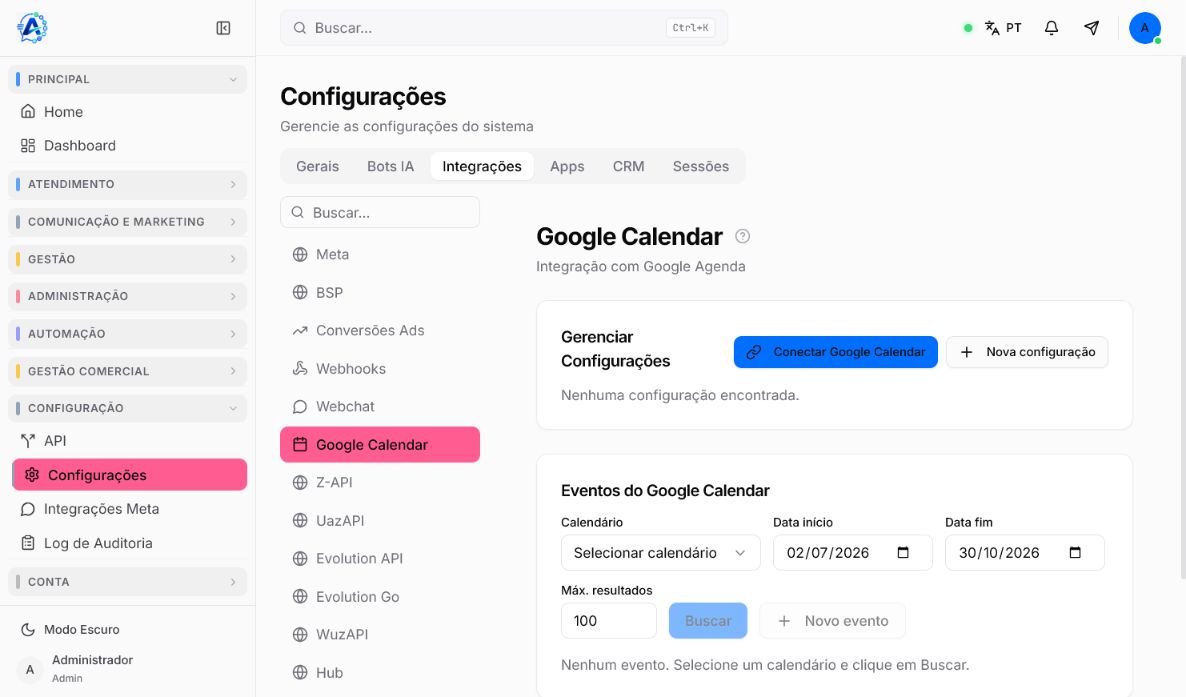 Configuração do Google Calendar no Atendeu Rápido com conexão e consulta de eventos
