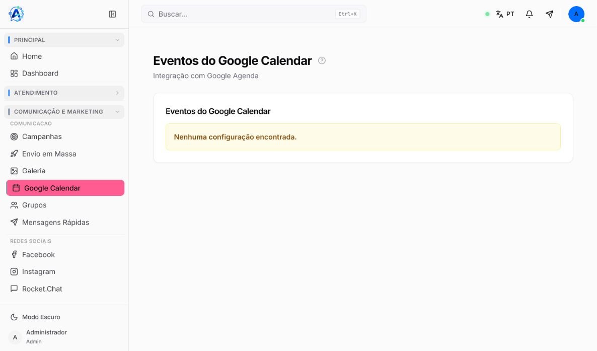 Tela de eventos do Google Calendar informando que nenhuma configuração foi encontrada