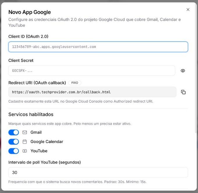 Formulário Novo App Google com Client ID, Client Secret, Redirect URI e serviço Gmail