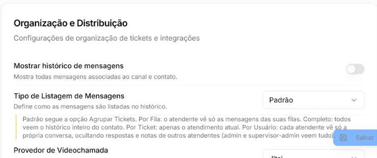 Configurações de histórico de mensagens com chave de exibição e seletor do tipo de listagem