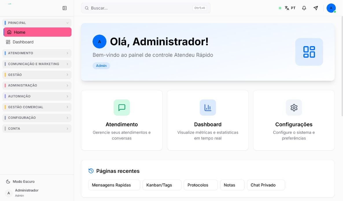 Tela inicial com boas-vindas, atalhos e páginas recentes