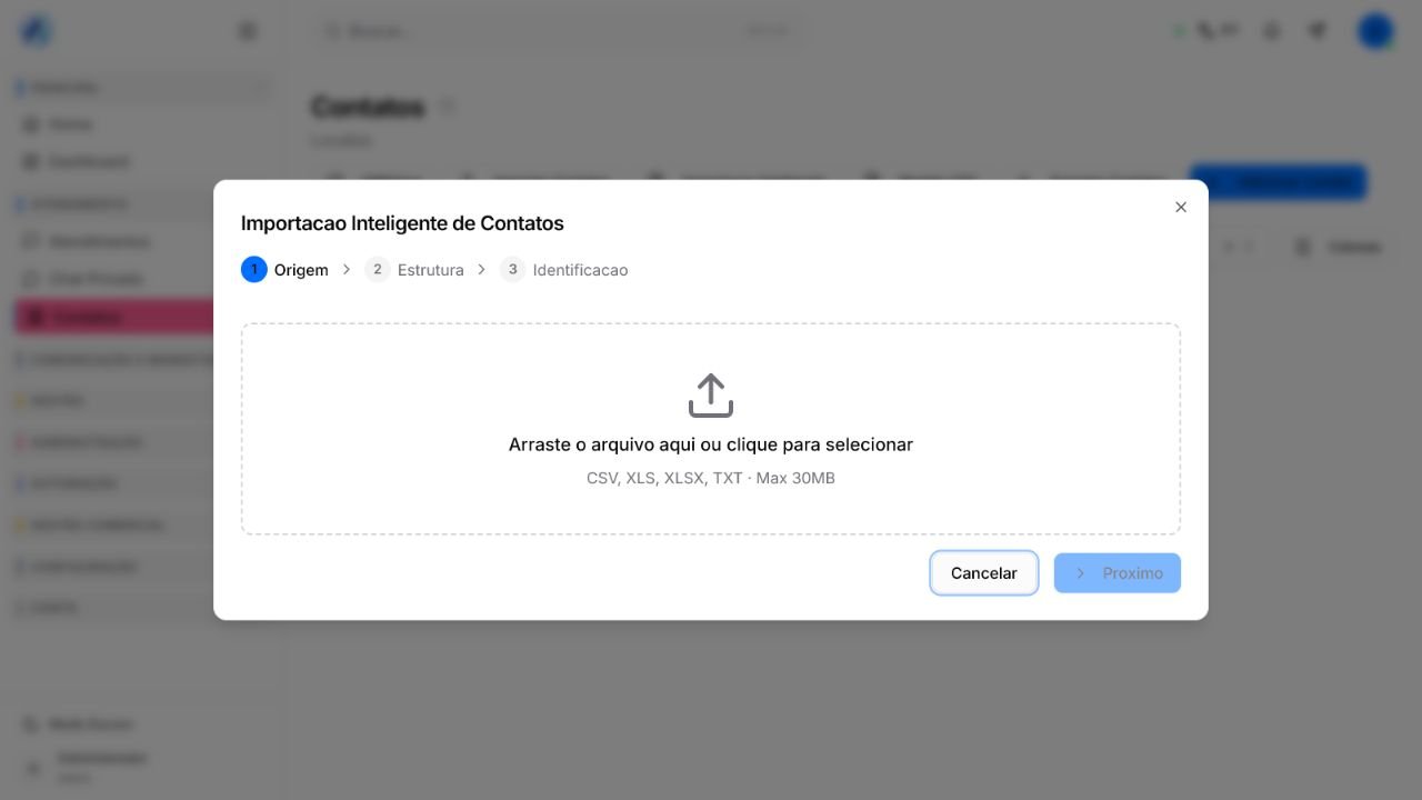 Importação Inteligente de Contatos do Atendeu Rápido nas etapas Origem, Estrutura e Identificação