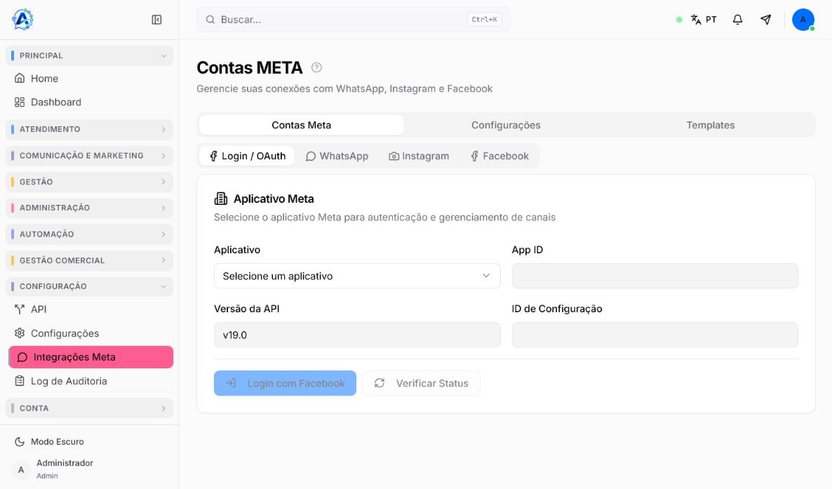 Tela de integrações Meta do Atendeu Rápido com abas de contas, configurações e templates