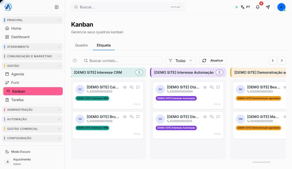 Visão Etiqueta do Kanban com colunas e cartões demonstrativos agrupados por tags