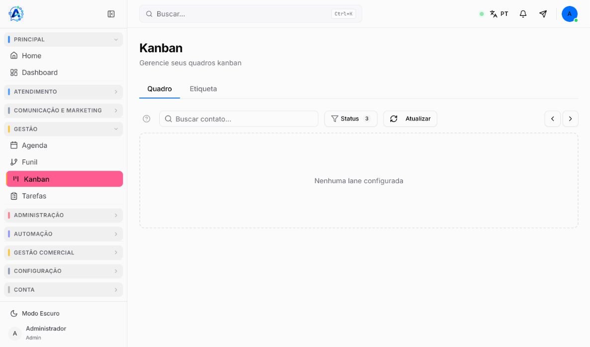 Kanban do Atendeu Rápido com abas Quadro e Etiqueta, busca de contato e filtro de status
