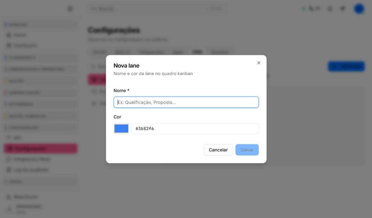 Configuração de lanes do Kanban no Atendeu Rápido com os campos Nome e Cor