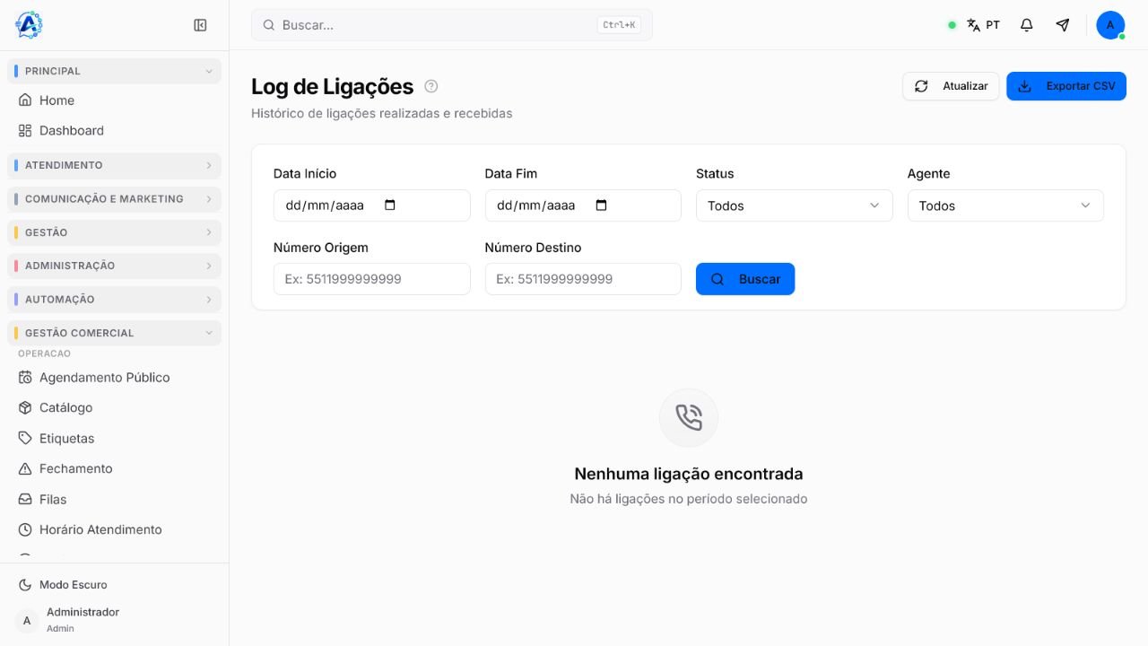 Tela Log de Ligações do Atendeu Rápido com filtros e exportação CSV