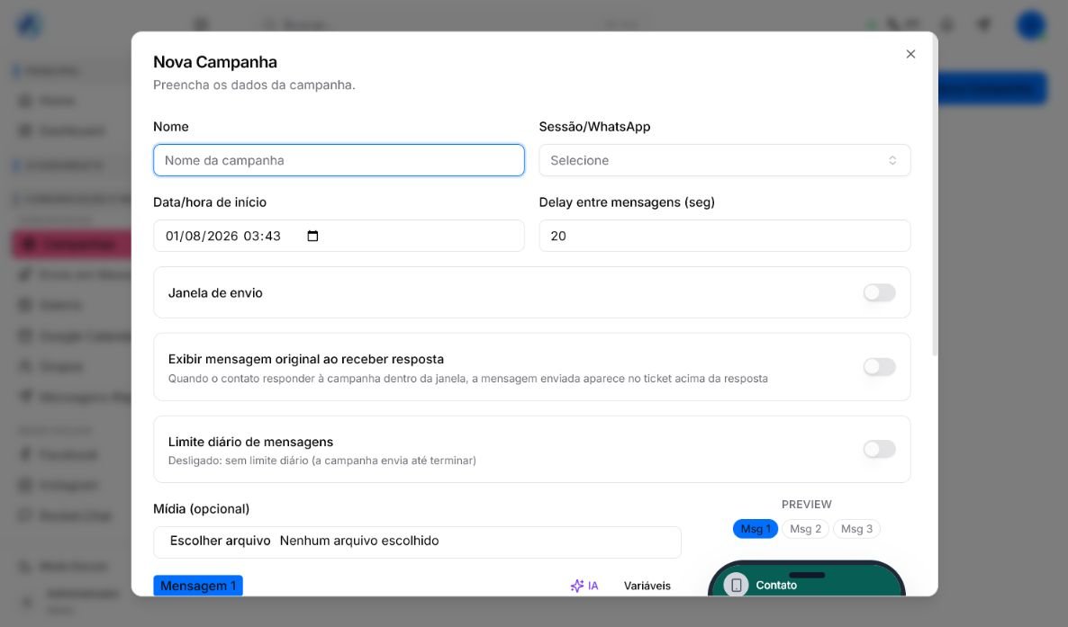 Formulário Nova Campanha do Atendeu Rápido com conexão, início, intervalo, limite e preview