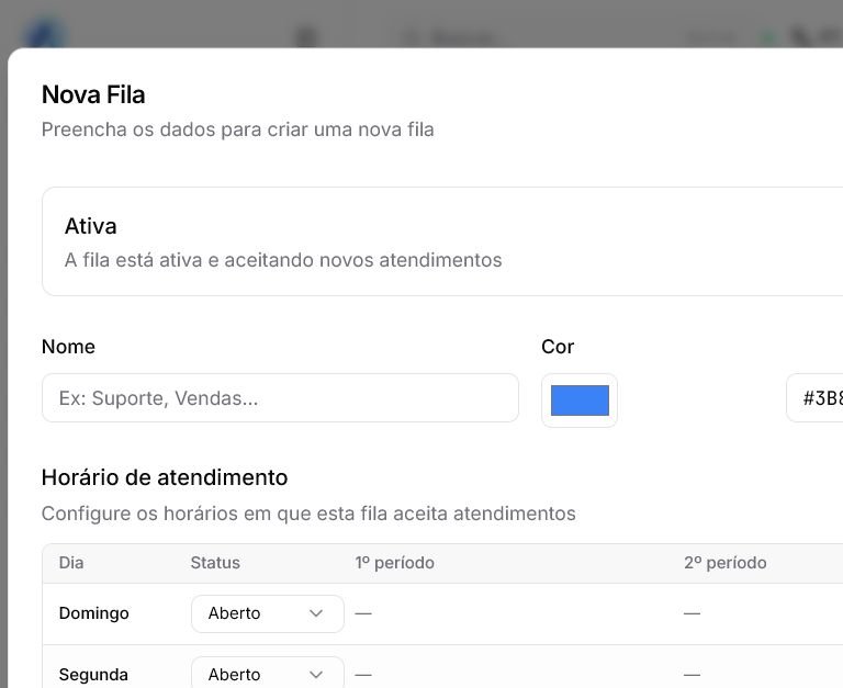 Formulário de fila com estado, nome, cor e períodos de atendimento