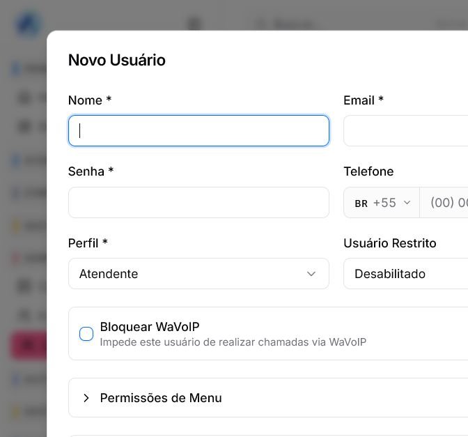 Formulário Novo Usuário com dados de acesso, perfil e permissões